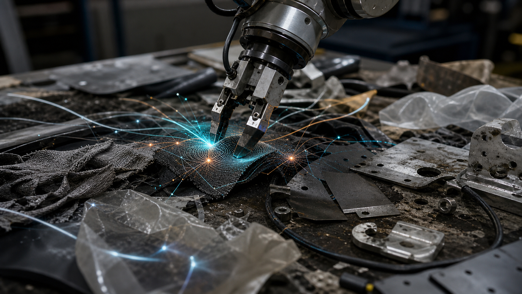 A robot gripper and sensor traces reading real-world material variation