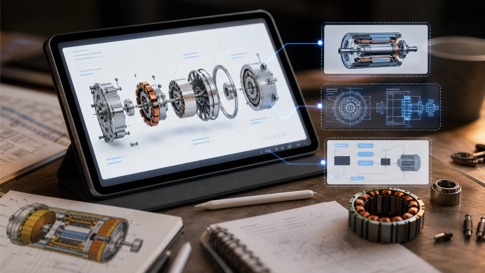 A motor exploded view on a tablet being reworked into multiple explanatory diagrams