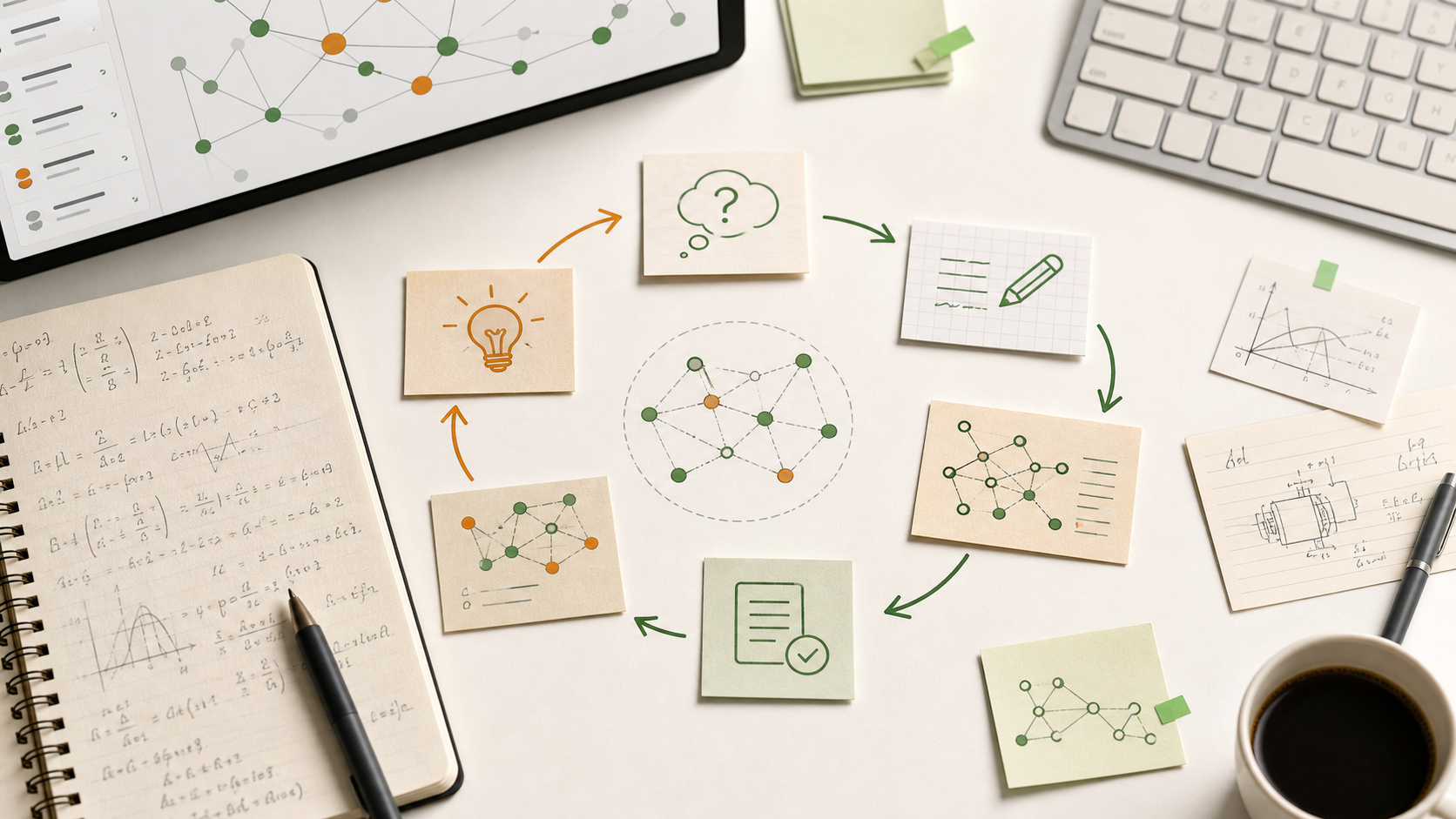 Handwritten calculations, wiki graphs, and question cards connected into a study feedback loop