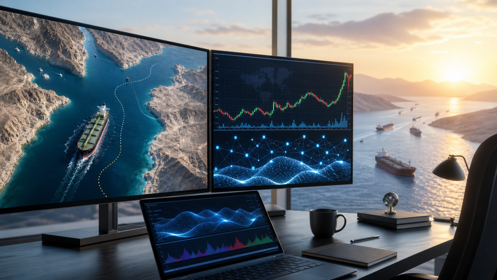 A bright trading desk where the Strait of Hormuz and a Web3 oil market appear on connected screens