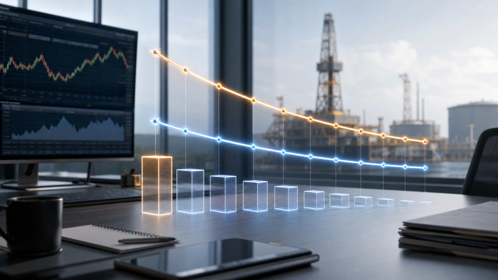 Oil futures price gaps shown as luminous curve lines and contract blocks