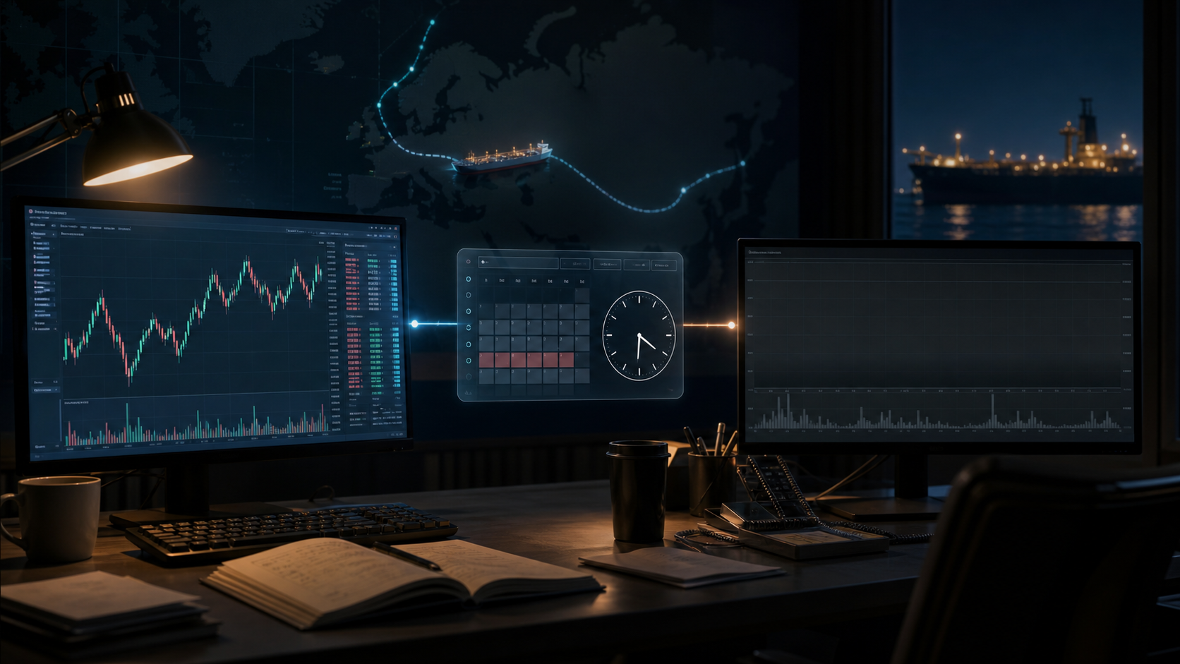 An operations desk where a 24/7 crypto market and a paused traditional futures market are separated by a calendar and clock