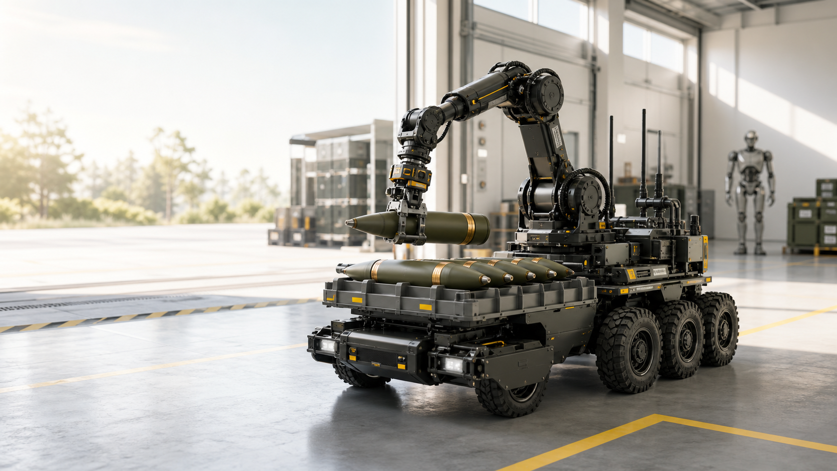 A purpose-built military logistics robot handling shells in a bright test bay
