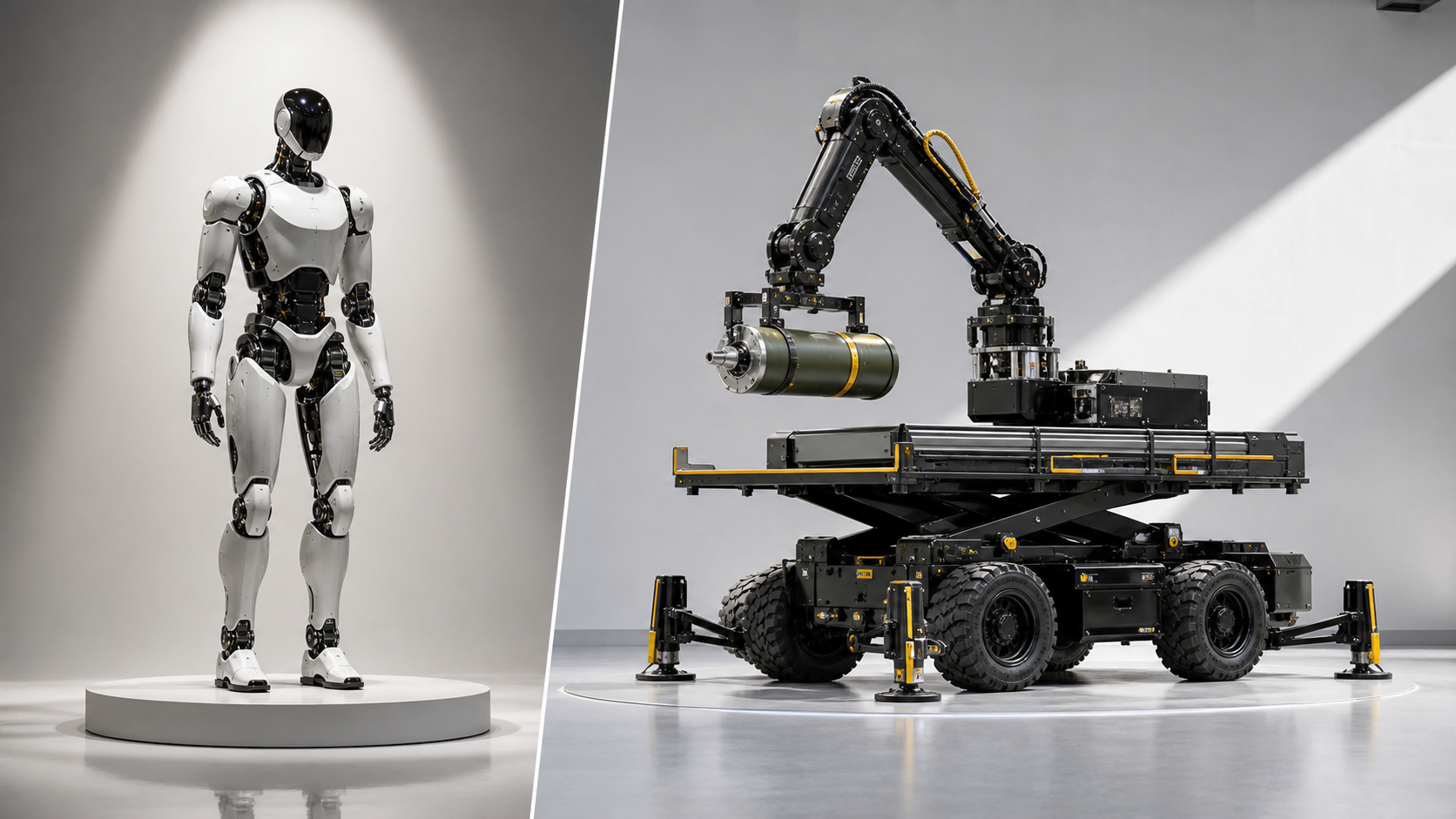 A humanoid robot and a task-specific transport robot sharing the same industrial workspace