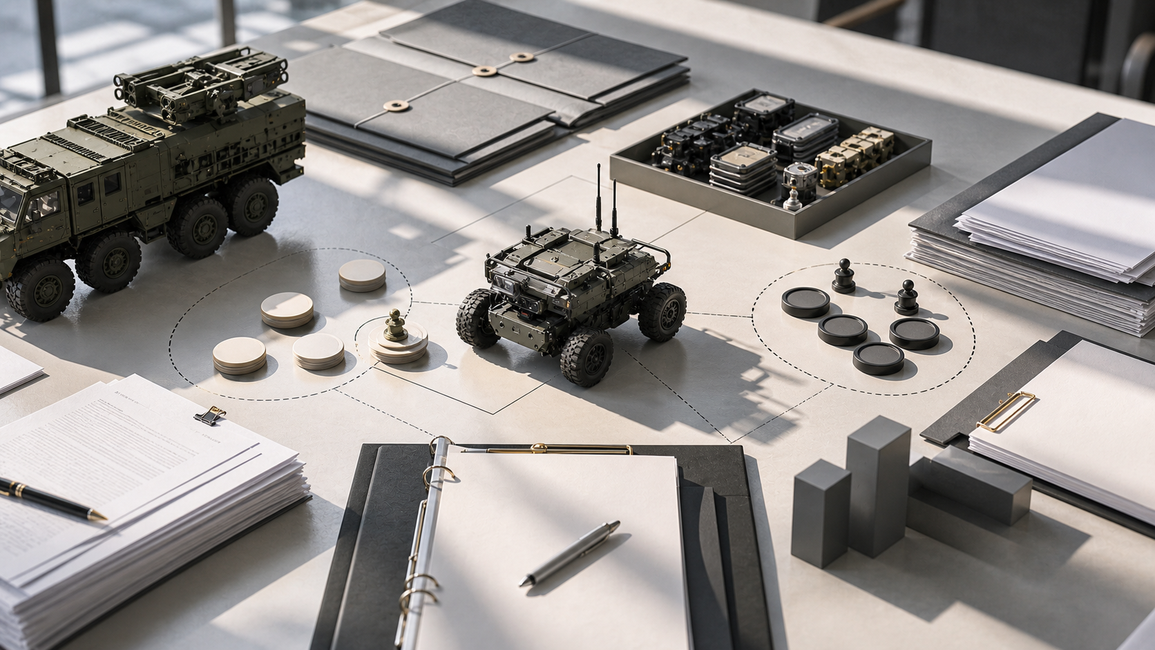A specialized robot prototype sitting in the middle of a bright procurement test environment
