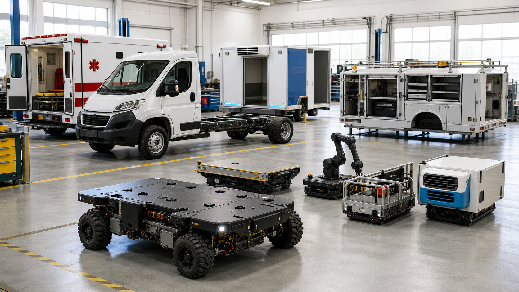 A robotics integration workshop showing one platform extended through multiple task modules