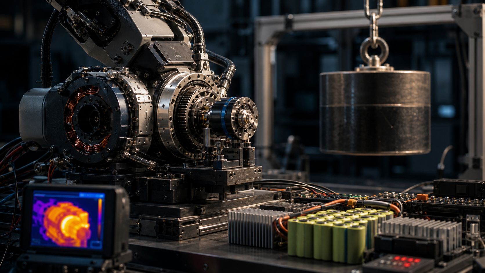 A robot, motors, batteries, and drivetrain components placed in front of a payload test rig