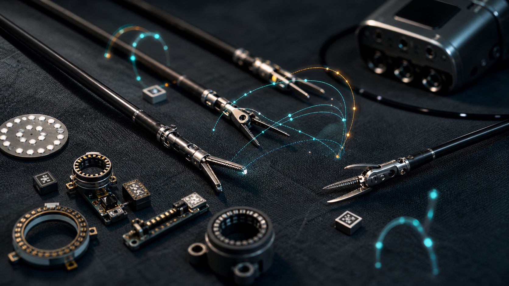Laparoscopic instruments, sensors, encoders, and trajectory arcs in a dark macro scene