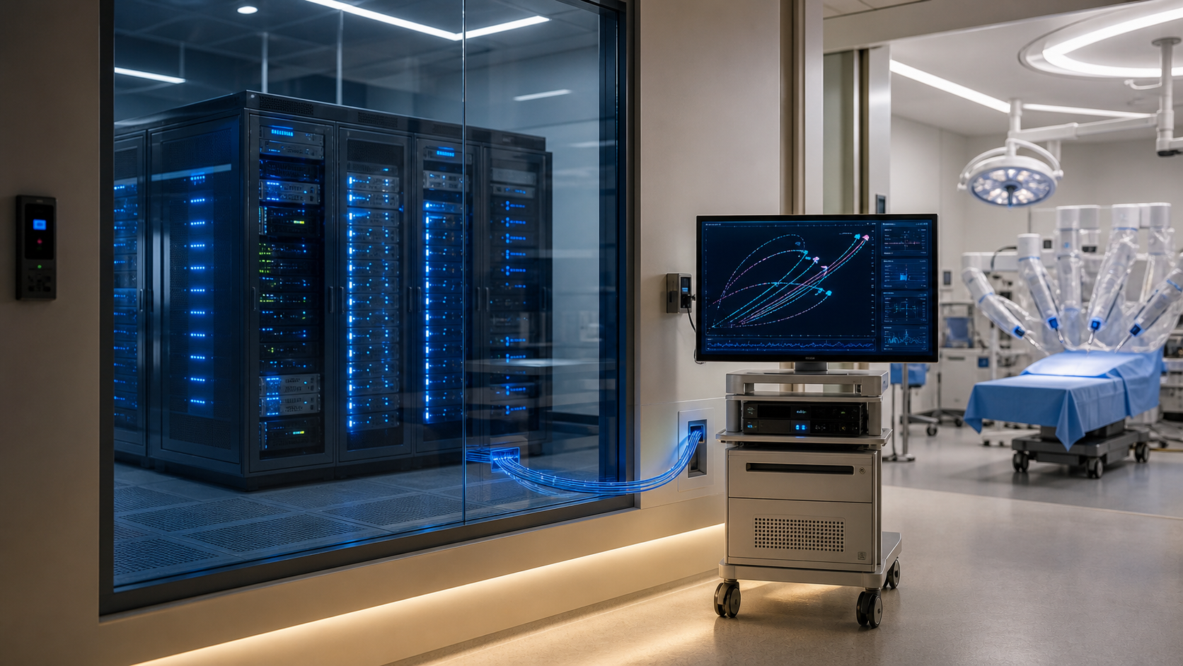 An on-premise hospital server room connected to a surgical data monitor cart