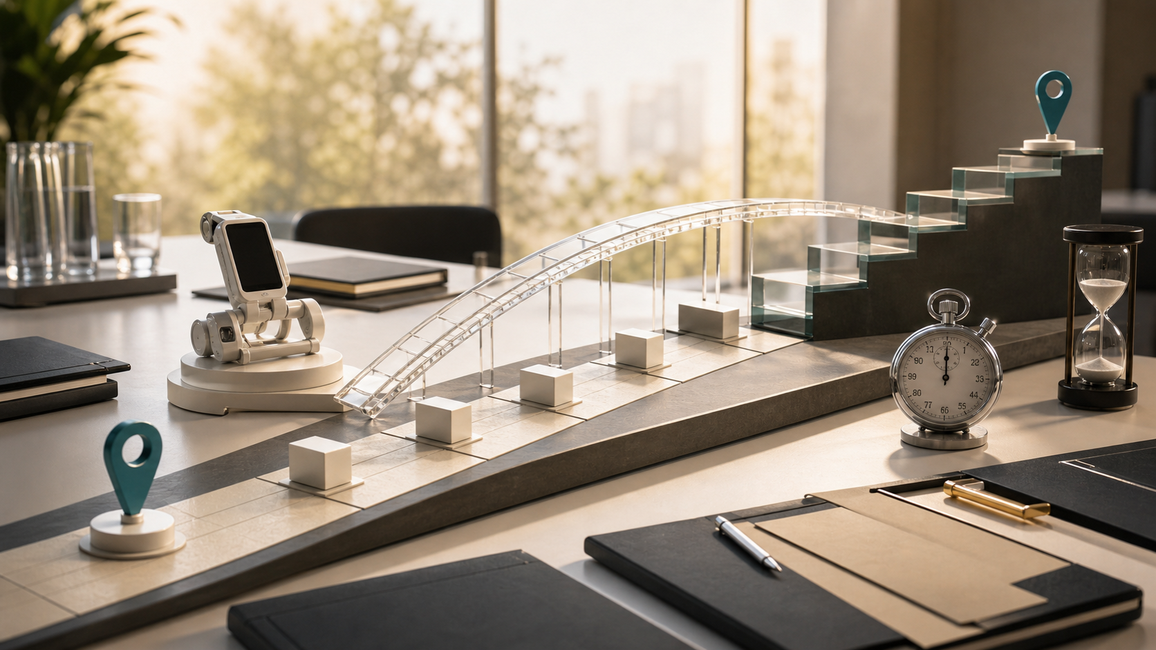 A bright strategy table with a runway model representing financing milestones